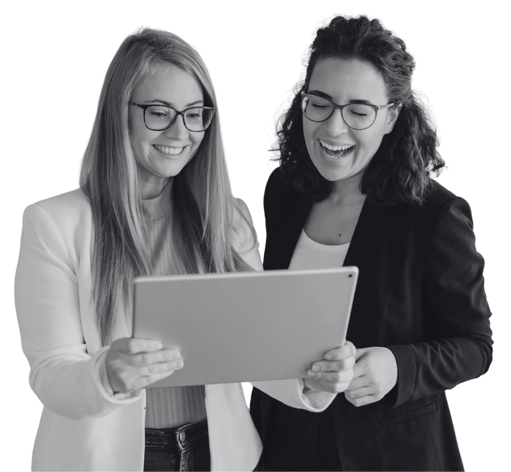 Two legal professionals reviewing a tablet